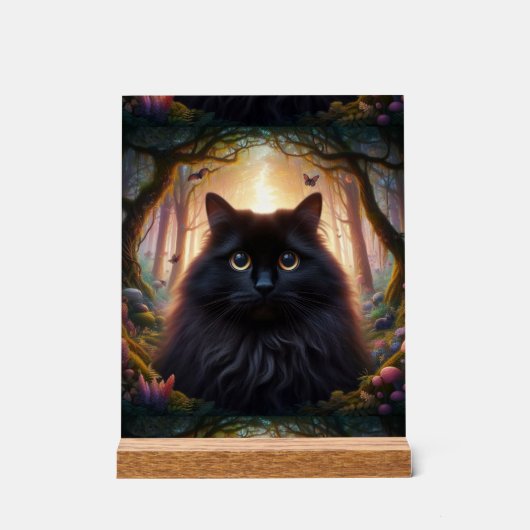 美しいふわふわの黒猫、金色の目 アクリルサイン (正面)