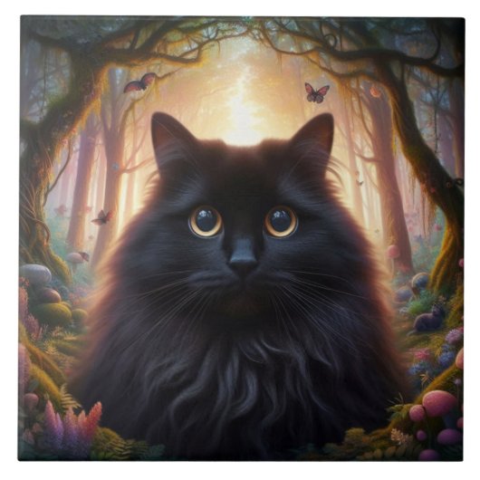 美しいふわふわ黒猫の金色の瞳 タイル (正面)