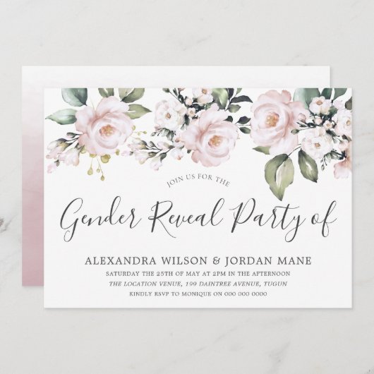 美しいほこりっぽいバラ赤面ジェンダーリビールパーティー 招待状 (正面/裏面)