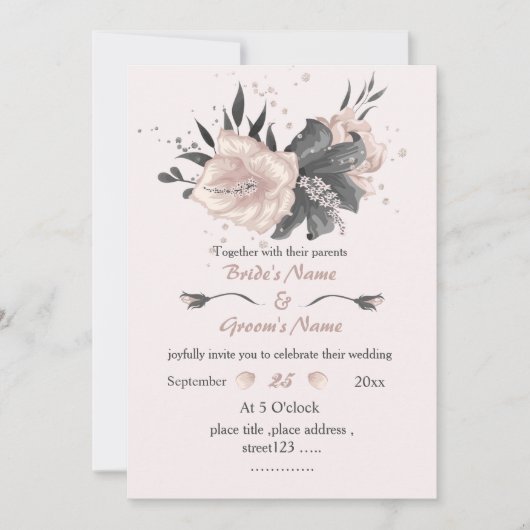 美しいほこりっぽいピンク色の濃結婚灰色の花 招待状 (正面)