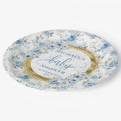 美しいほこりっぽい青い花の金ゴールドパーソナライズされたベビー ペーパープレート (アングル)