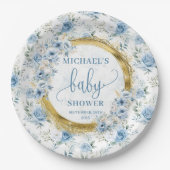 美しいほこりっぽい青い花の金ゴールドパーソナライズされたベビー ペーパープレート (正面)