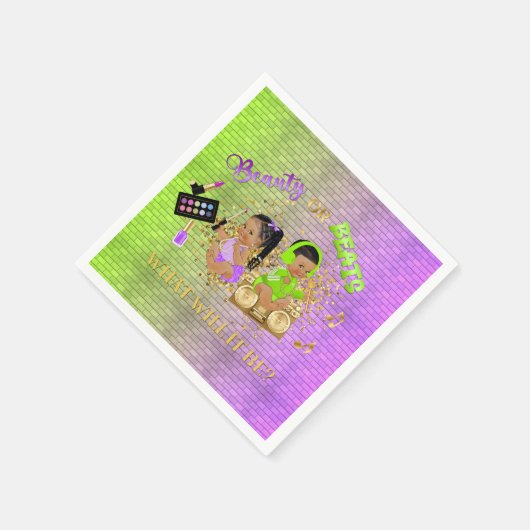 美しいまたはビートグリーンパープル金ゴールド性別の表示 スタンダードカクテルナプキン (角)