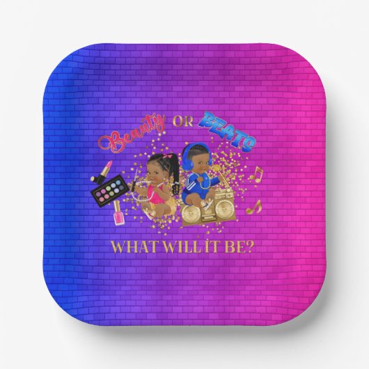 美しいまたはビートブルーホットピンク金ゴールド性別の表示 ペーパープレート (正面)