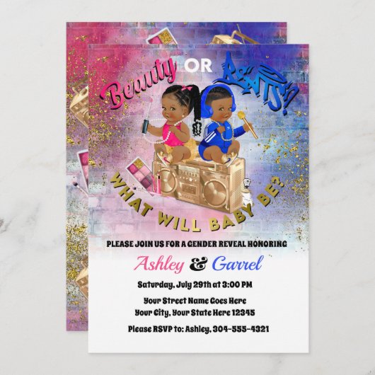 美しいまたはビート招待状!性別を明かす! 招待状 (正面/裏面)