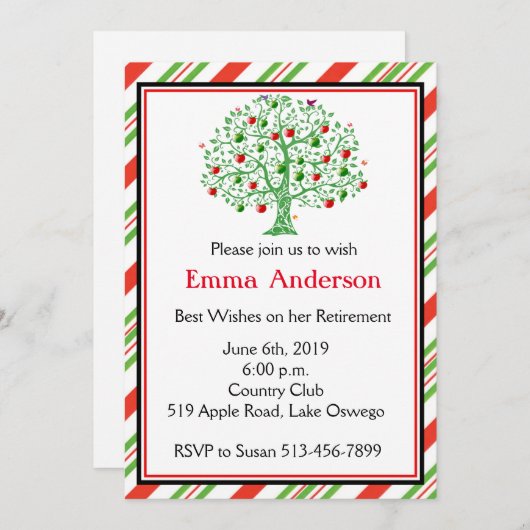 美しいりんごの木の先生の退職パーティー 招待状 (正面/裏面)