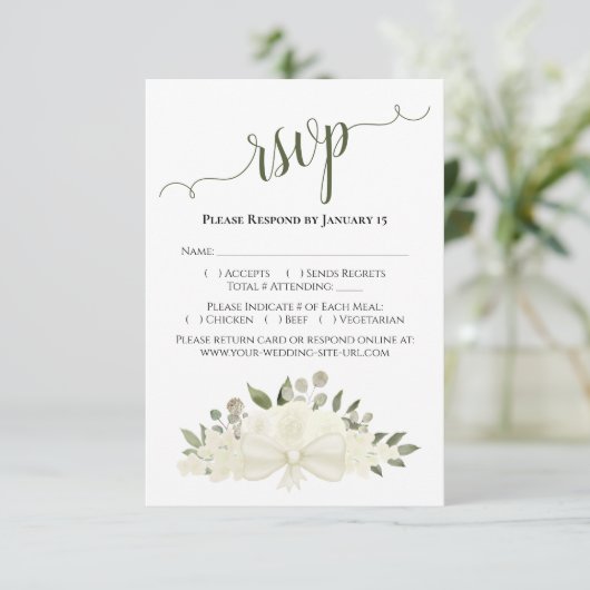 美しいアイボリーまたはホワイトウォーター色のバラ結婚ズ 出欠カード (スタンド正面)