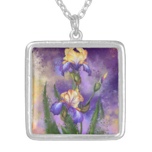 美しいアイリスの花 – ミグネ絵画ドの芸術 シルバープレートネックレス