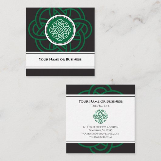 美しいアイリッシュブラック、グリーンとホワイトケルト結び目模様 スクエア名刺 (正面/裏面)
