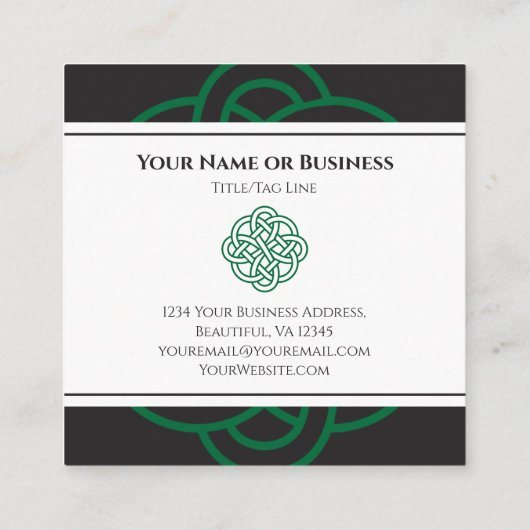 美しいアイリッシュブラック、グリーンとホワイトケルト結び目模様 スクエア名刺 (裏面)