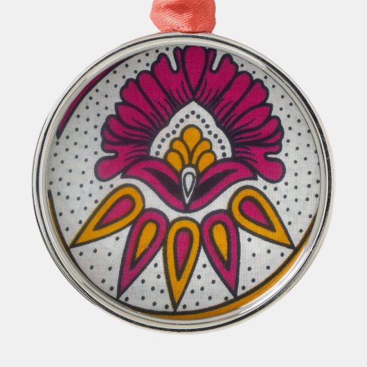 美しいアカラフルフリカ織物モチーフプリント メタルオーナメント (正面)