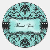 美しいアクアブルーとブラックダマスクありがとう ラウンドシール (正面)