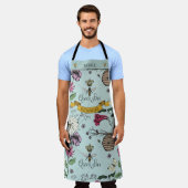 美しいアクアブルーと黒のクイーンビー&リーフ エプロン (着用した状態)