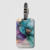 美しいアクアブルー パープル ゴールド フラワー ラゲッジタグ (正面縦)