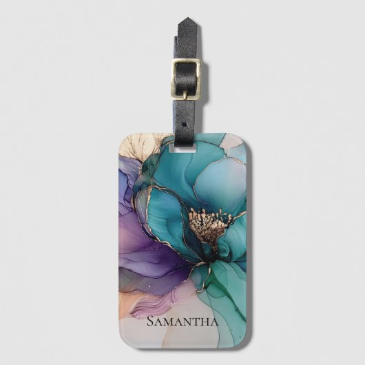 美しいアクアブルー パープル ゴールド フラワー ラゲッジタグ (正面縦)