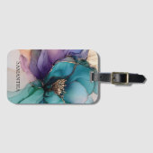 美しいアクアブルー パープル ゴールド フラワー ラゲッジタグ (正面横)