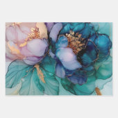 美しいアクアブルー パープル ゴールド フラワー ラッピングペーパーシート (正面2)