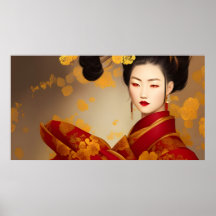 美しいアジアの女性、芸者、赤、金 2