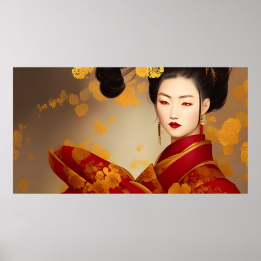 美しいアジアの女性、芸者、赤、金 2 ポスター (正面)