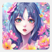 美しいアニメの少女と花 スクエアシール (正面)