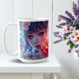 美しいアニメの少女 グリッチコア フローラル コーヒーマグカップ