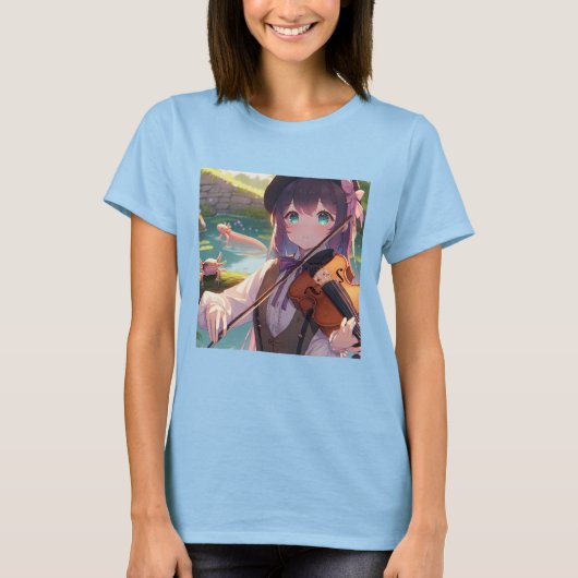 美しいアニメ遊の女の子のバイオリン Tシャツ (正面)