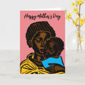 美しいアフリカの母と子供のウッドカットの休日 カード (黄色い花)