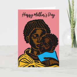 美しいアフリカの母と子供のウッドカットの休日 カード