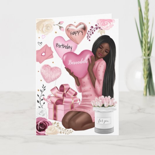 美しいアフリカンアメリカン・ガールハッピーバースデー シーズンカード (正面)