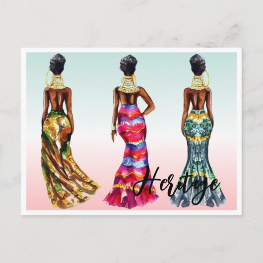 美しいアフリカ人女性金ゴールドジュエリーカラフルガウン ポストカード (正面)