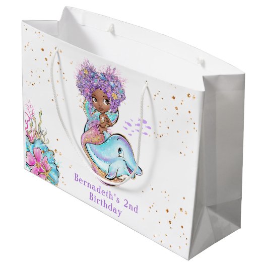 美しいアフリカ系アメリカ人の人魚の誕生パーティー  ラージペーパーバッグ (裏面アングル)