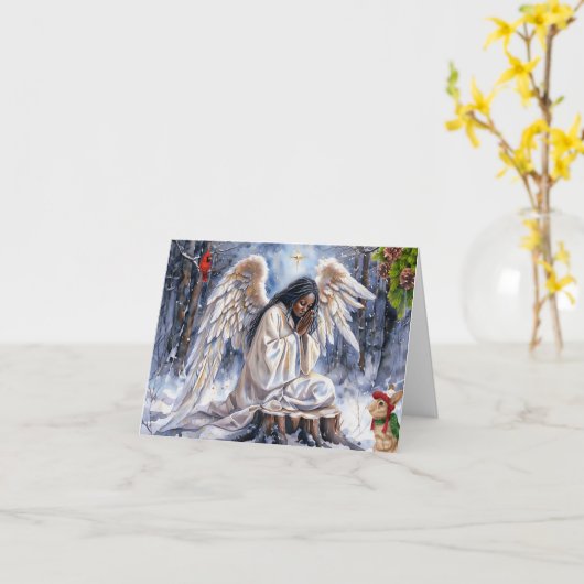 美しいアフリカ系アメリカ人クリスマスエンジェル カード (黄色い花)