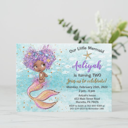 美しいアフリカ系アメリカ人マーメイド誕生日 招待状 (スタンド正面)