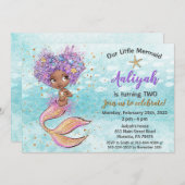 美しいアフリカ系アメリカ人マーメイド誕生日 招待状 (正面/裏面)