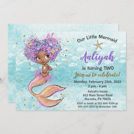 美しいアフリカ系アメリカ人マーメイド誕生日 招待状 (正面/裏面)