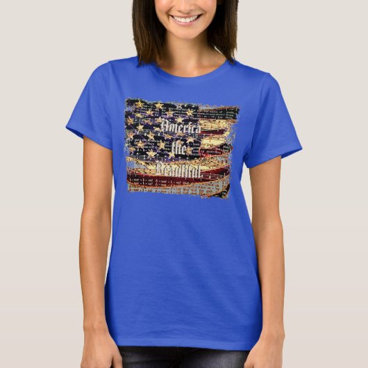 美しいアメリカ、青い愛国的な女性用Tシャツ Tシャツ (正面)