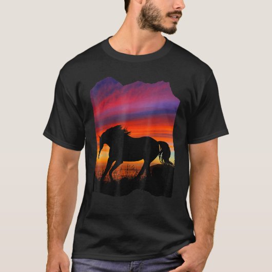 美しいアラブ馬のサンセットシルエット オレンジ Tシャツ (正面)