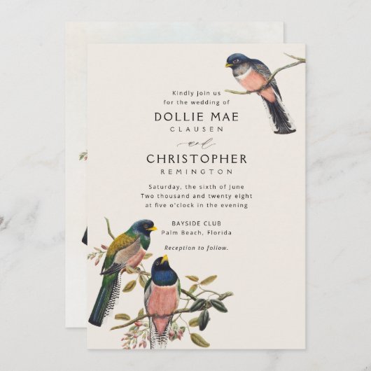 美しいアンティークの鳥の招待状セット 招待状 (正面/裏面)