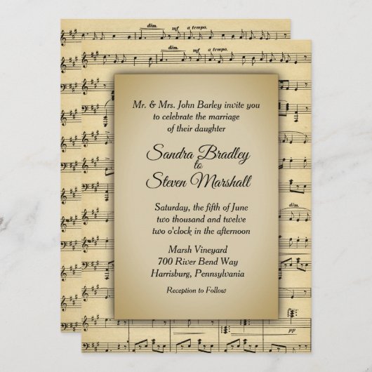 美しいアンティークシート音楽テーマ結婚ズ 招待状 (正面/裏面)