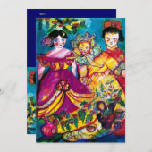 美しいアンティーク人形、赤い青い紫色の黄色 招待状 (正面/裏面)