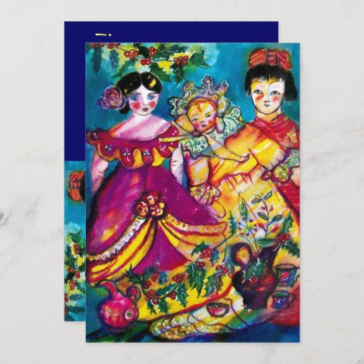 美しいアンティーク人形、赤い青い紫色の黄色 招待状 (正面/裏面)