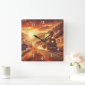 美しいアンティーク蒸気機関機関車 スクエア壁時計 (ホーム)