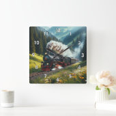 美しいアンティーク蒸気機関機関車 スクエア壁時計 (ホーム)