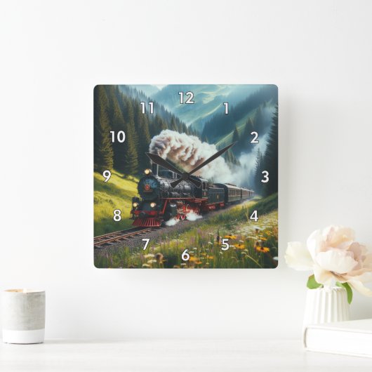 美しいアンティーク蒸気機関機関車 スクエア壁時計 (ホーム)
