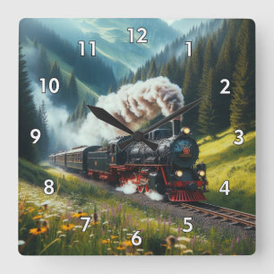 美しいアンティーク蒸気機関機関車 スクエア壁時計