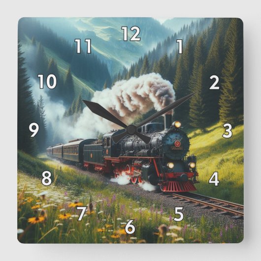 美しいアンティーク蒸気機関機関車 スクエア壁時計 (正面)