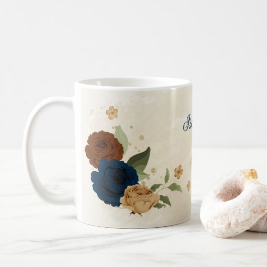 美しいアーストーン ネイビー フラワー コーヒーマグカップ (ドーナツ)