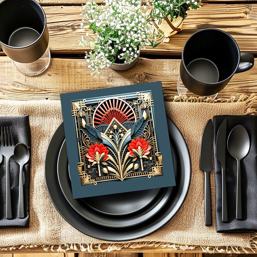 美しいアートデコの赤ゴールドターコイズ スタンダードランチョンナプキン