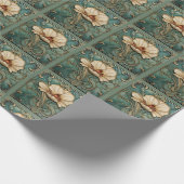 美しいアールデコの花柄 グリーン ホワイト ゴールド ラッピングペーパー (角)