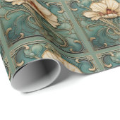 美しいアールデコの花柄 グリーン ホワイト ゴールド ラッピングペーパー (ロールコーナー)